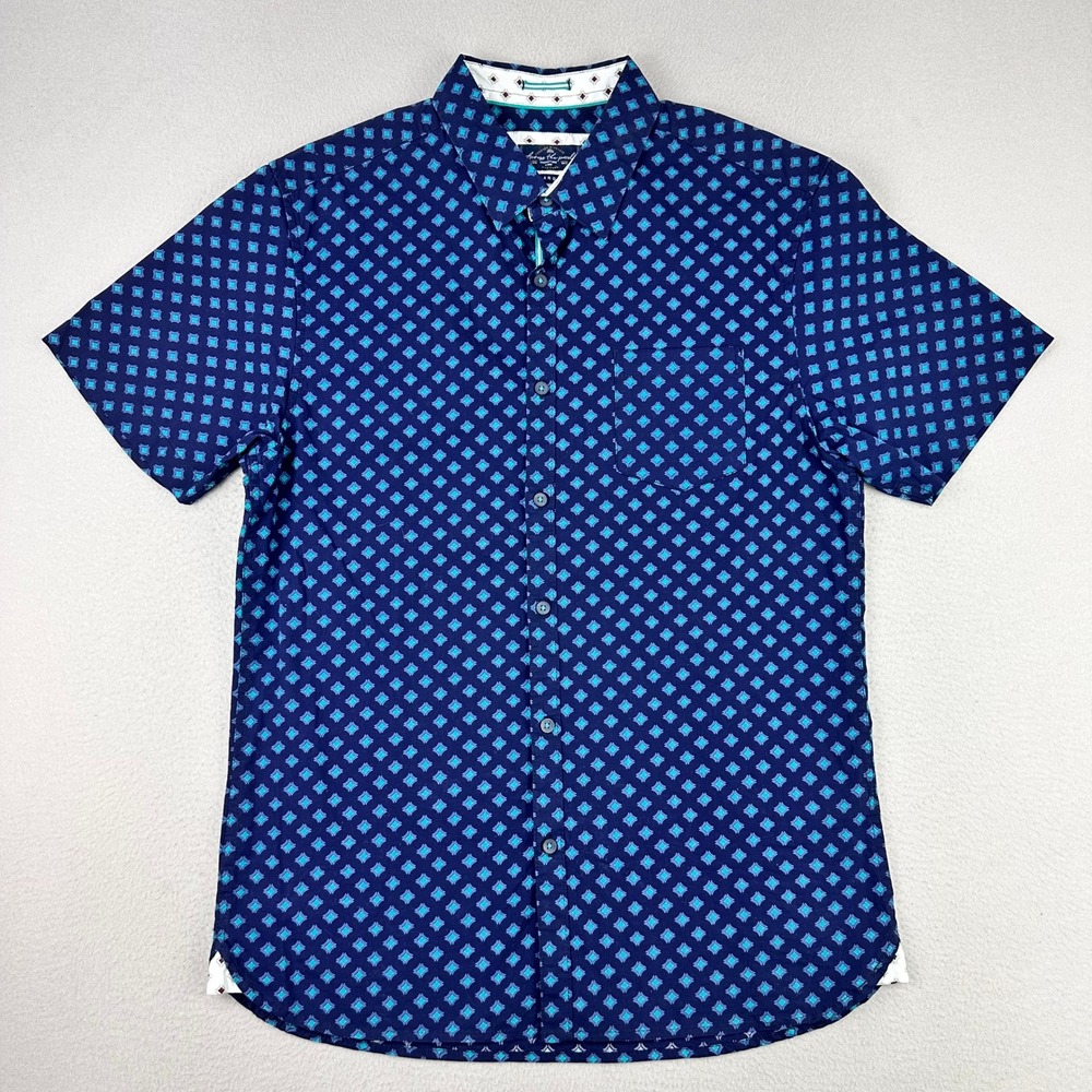 Across‎ The Pond Shirt Mens Large Blue Monogram Short Sleeve Button Up Preppy